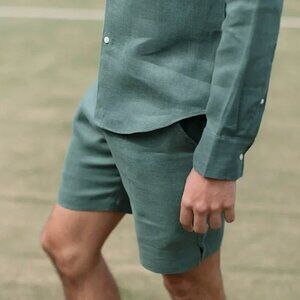 ALEX CRANE Bo French Linen Shorts in Pine Green
